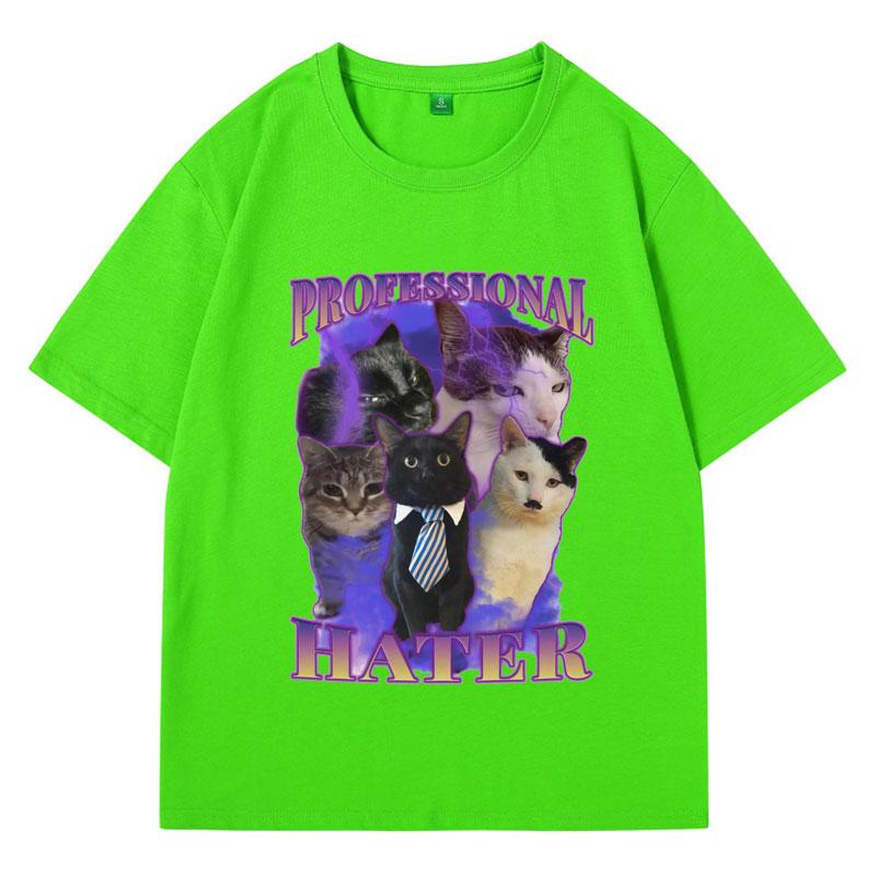 Professional Hater Funny Cat Meme T-shirt Men Vintage Trendy Cat Lover T-shirts Hip Hop Loose Cozy Cotton Tees Male Streetwear