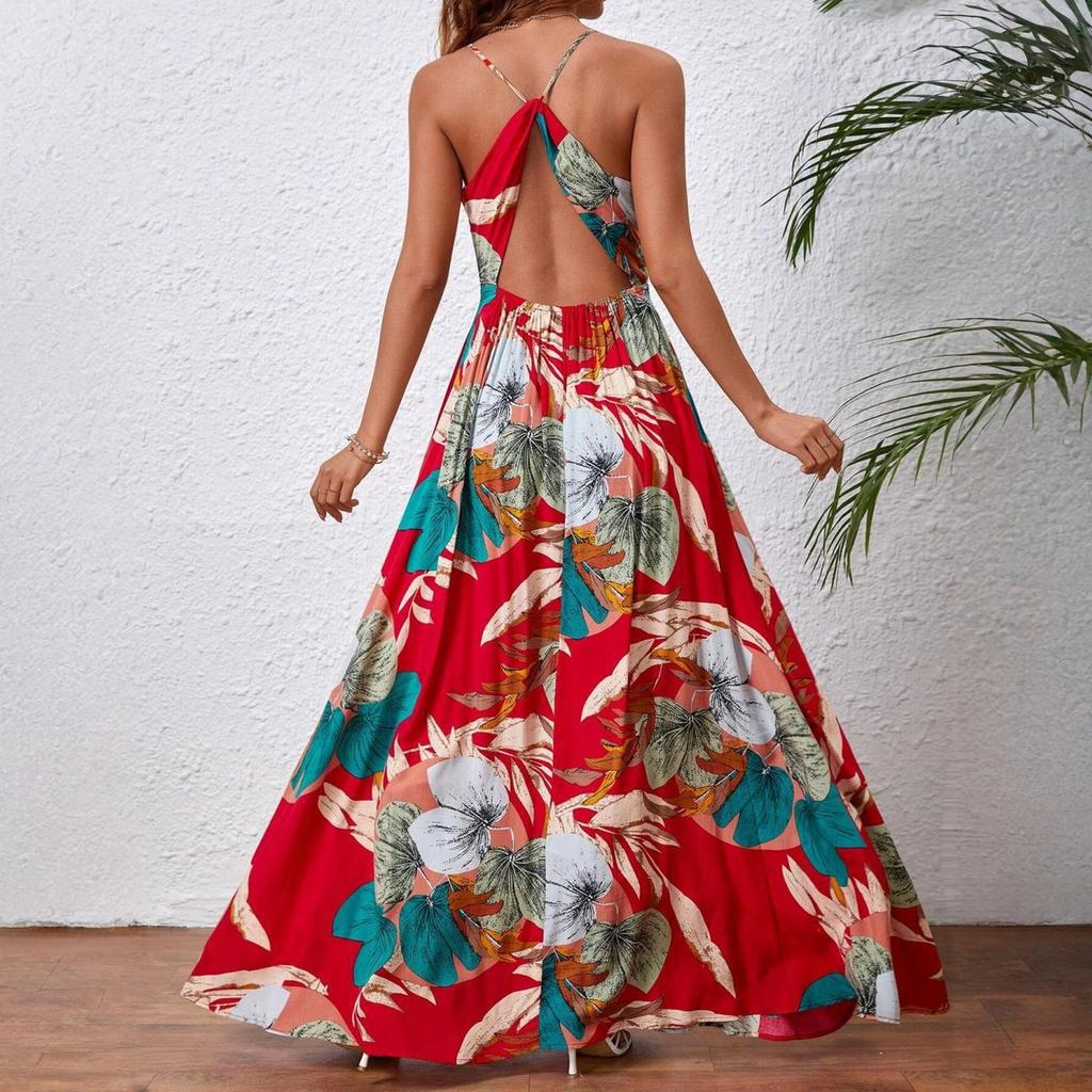 Damska Letnia Moda Bohemianska Spódnica w Kwiatowy Wzór z Rozcięciem Sukienka na Ramiączkach z Kurortu Nadmorskiego