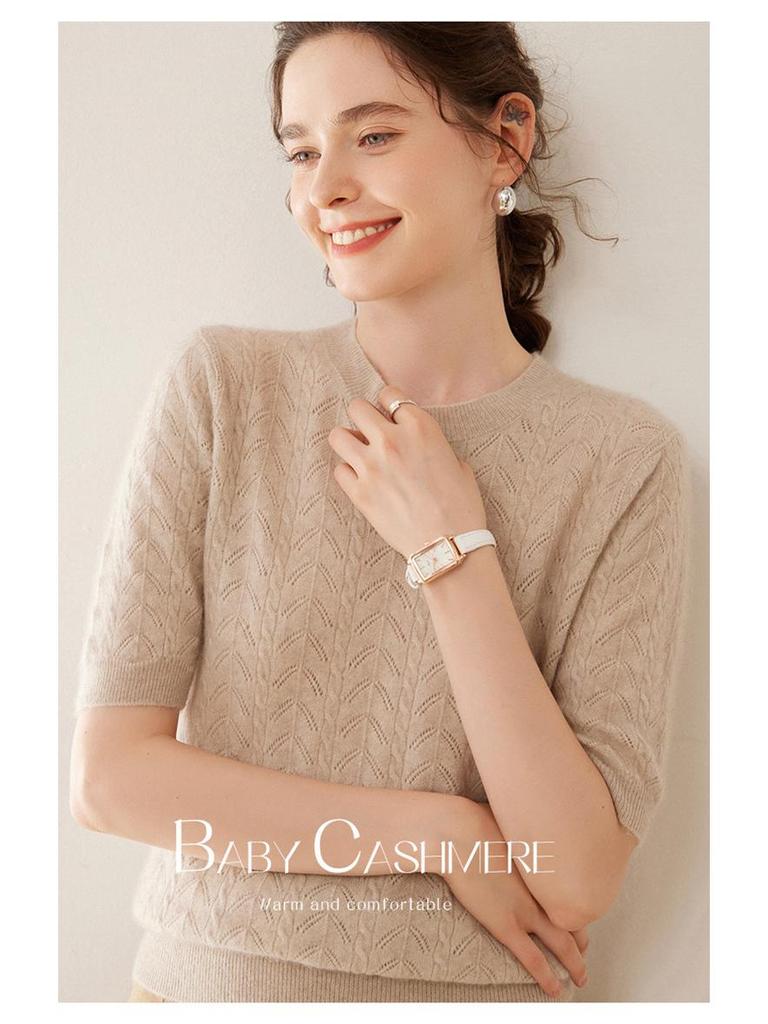 Women's Short Sleeve Round Neck Cashmere Sweater - Thin, Solid Color, Versatile Knit