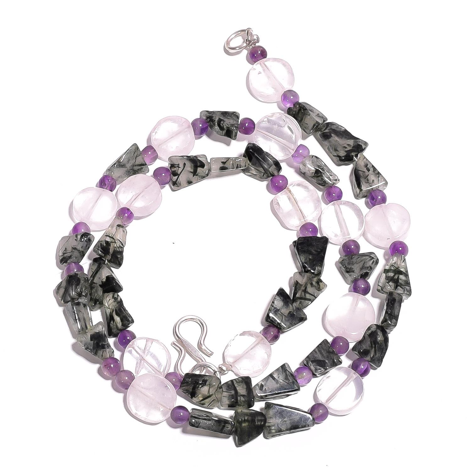

Natural Black Rutile Amethyst Rose Quartz Gemstone Beads Necklace 17 UB-4020 UB-4020
