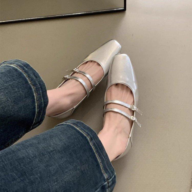 Giant soft and comfortable 2025 spring new double buckle strap square head thick heel Mary Jane shoes women's low heel light mouth single shoes