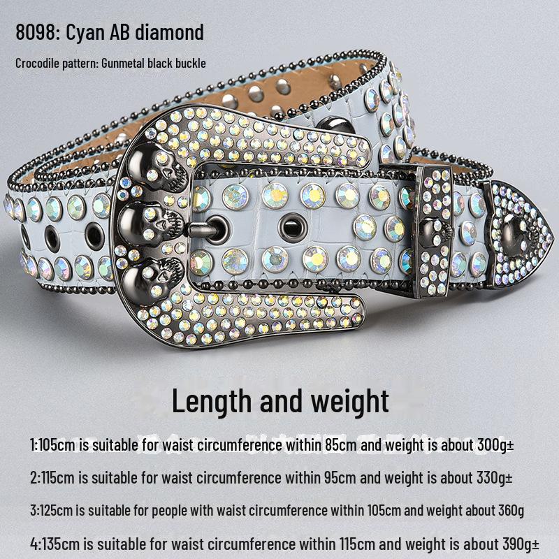 Curea de lux cu cataramă cu strasuri și craniu închis la culoare, cu paiete și diamante