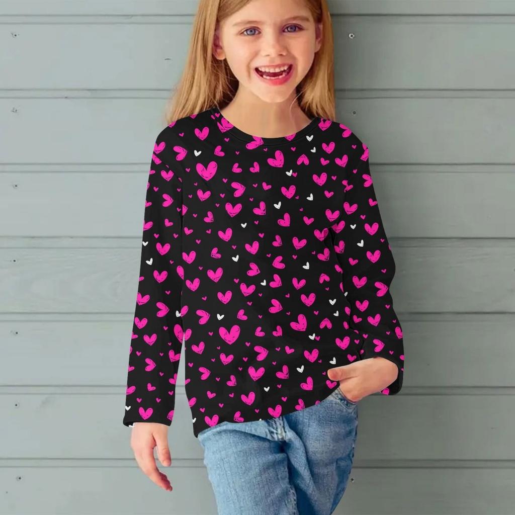 Fashion Children Casual Long Sleeved Letter Heart Pattern 3D Print Tops Funny Style Comfortable Round Neck Pullover Clothing