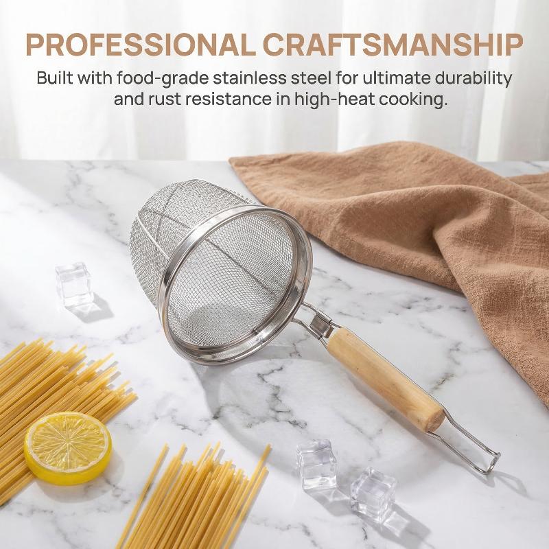 Colador de Fideos de Acero Inoxidable con Mango de Madera Resistente al Calor para Cocinar Pasta Sopa Olla Caliente Colador