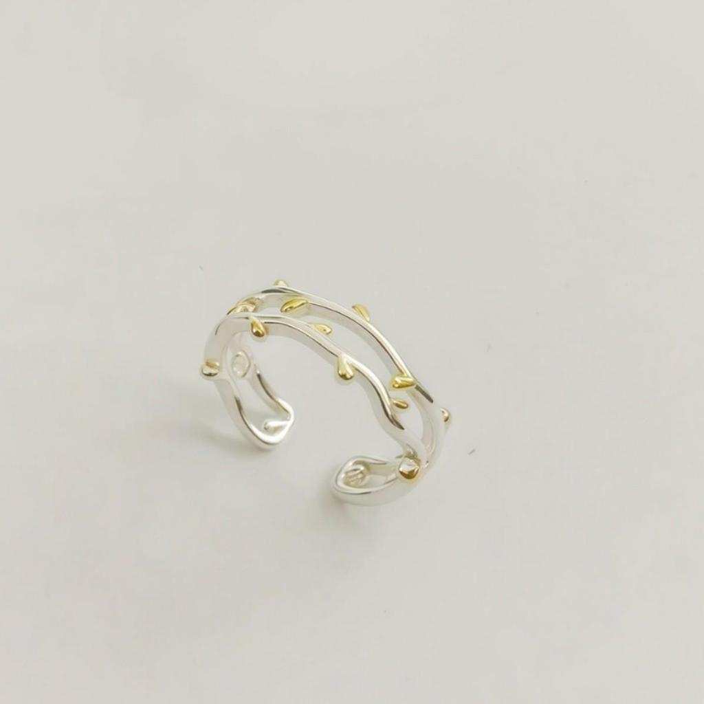Bague Ouverte Réglable Feuille Dorée Branche pour Femmes - Petit Design Frais à Double Couche
