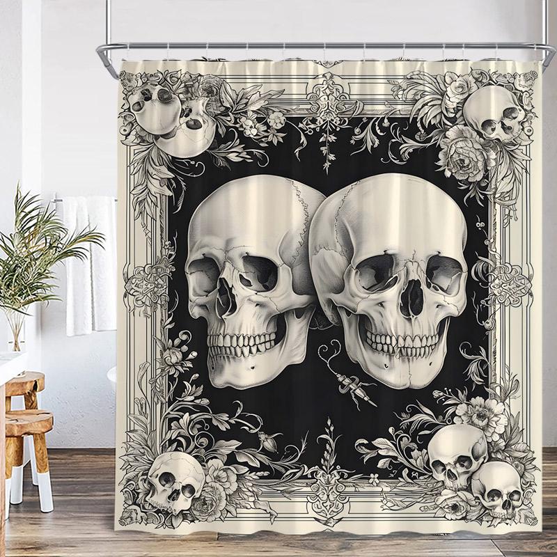 Floral Skull Shower Curtain Blue White Flowers Skeleton Horror Halloween Bath Curtains Polyester Black Bathroom Decor with Hooks