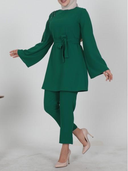 

Женский комплект с вышивкой и испанским рукавом и низом M синий