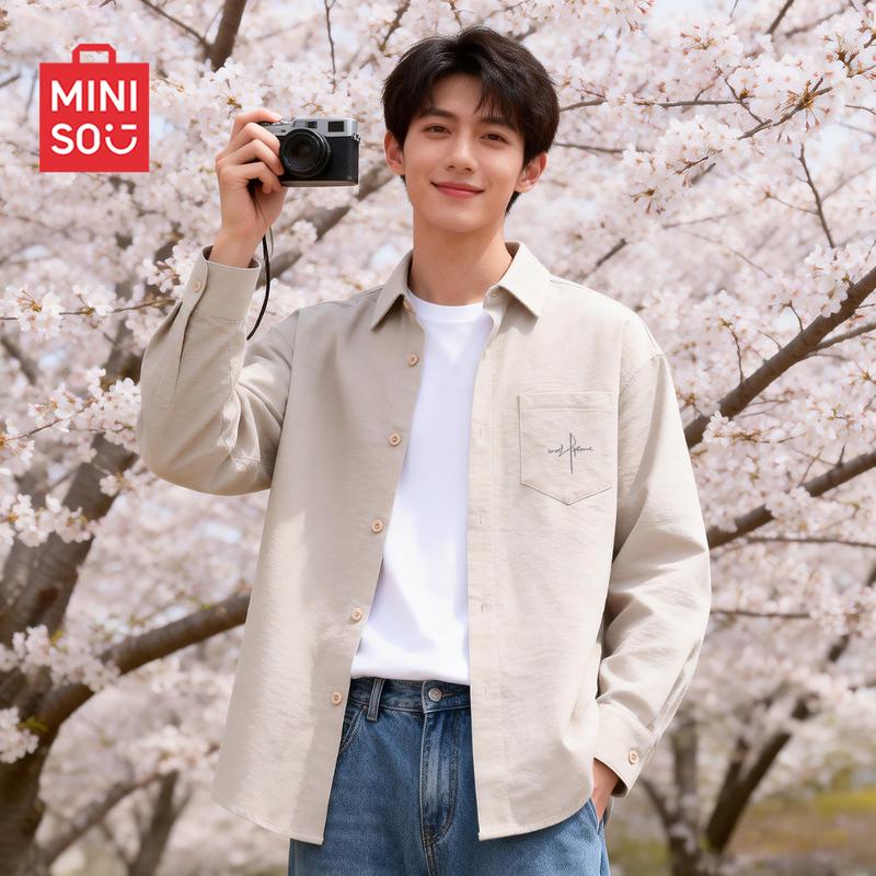 MINISO Men's Ice Silk Cuban Collar Long Sleeve Shirt