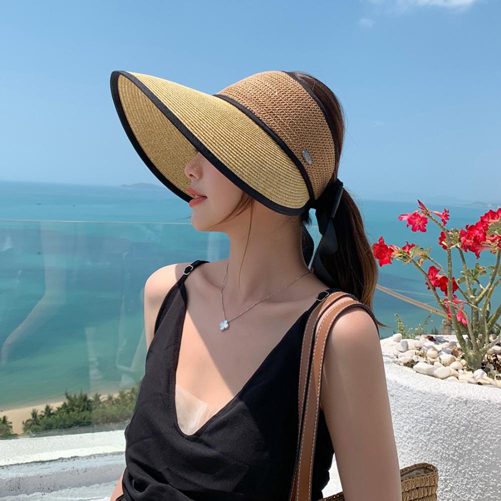 Foldable Straw Sun Visors for Women Sun Protection Wide Brim Bowknot Sun Hat Empty Top Breathable