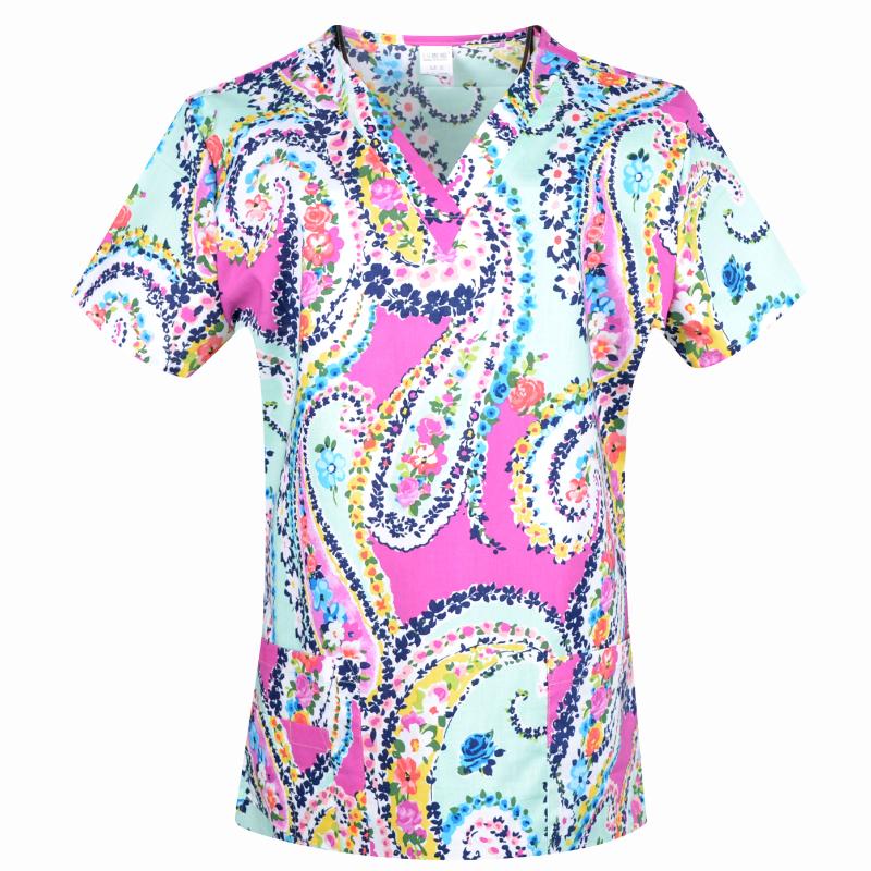 Hennar High Quality Print Scrub UniformFor Women In 100% Cotton 4 pockets,XXS-5XL Medical Scrub Tops