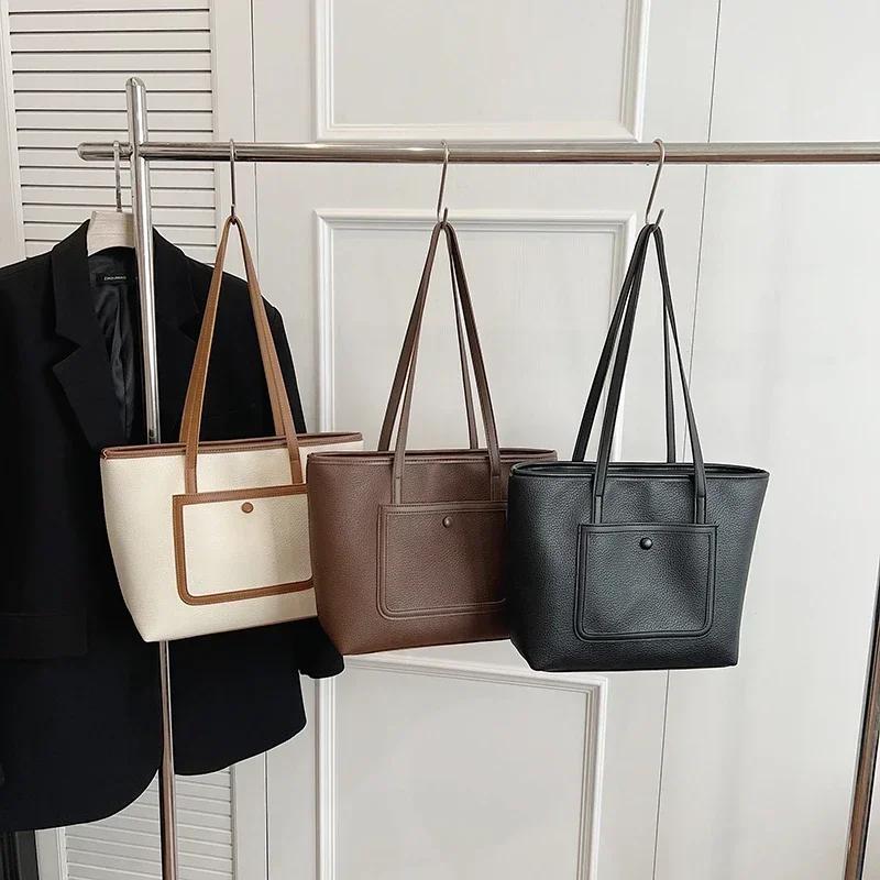 Simple solid PU shoulder bags with zipper large capacity high quality grace commute casual tote