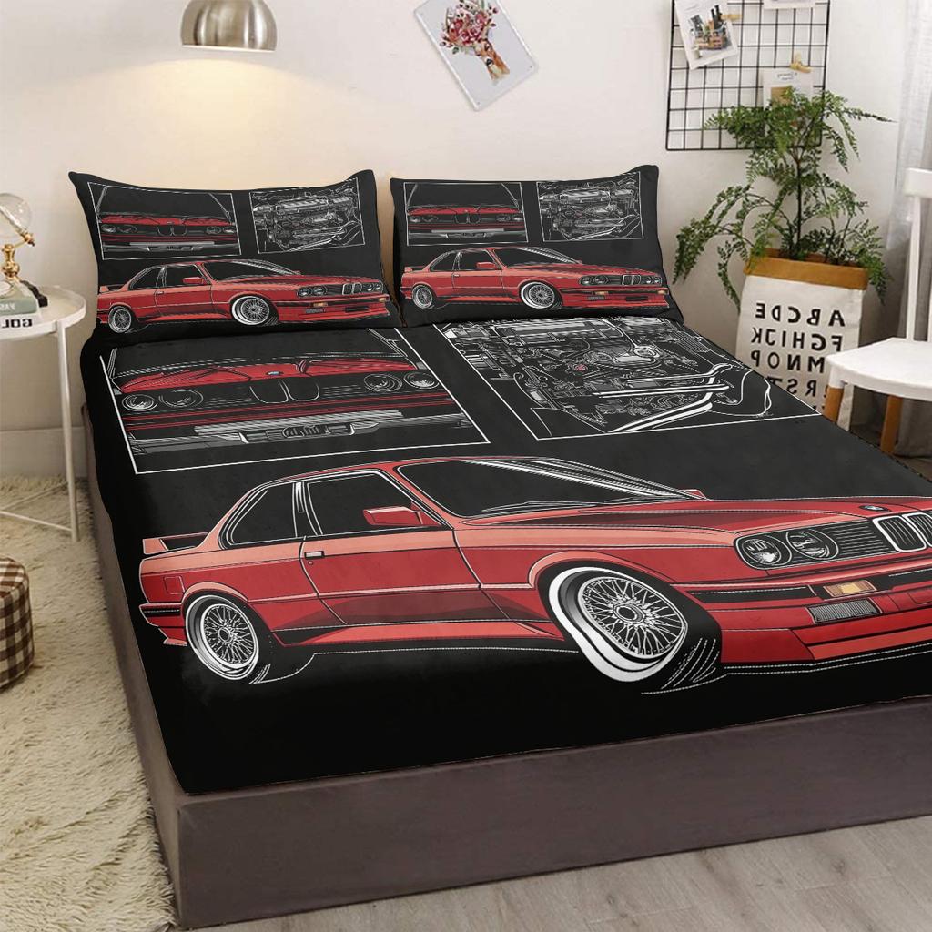 Red Car Pattern 3-Piece Bed Set For Resumption Of Work, With Two Pillowcases, Suitable For Living Room And Bedroom (Fun, Retro)