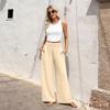 Linen Casual Wide Leg Pants For Women Elastic Waist Versatile Business Casual Work Palazzo Trousers With Pockets
