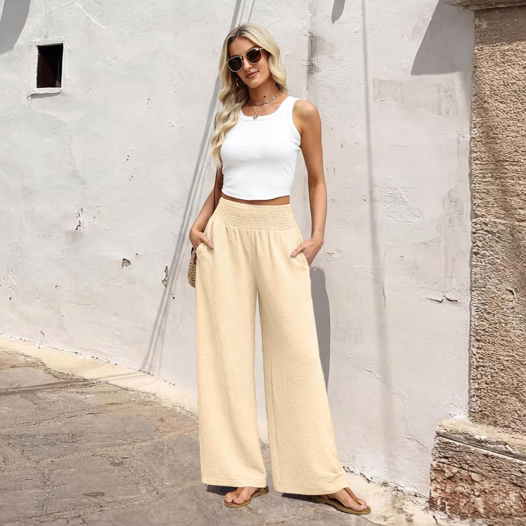 Linen Casual Wide Leg Pants For Women Elastic Waist Versatile Business Casual Work Palazzo Trousers With Pockets
