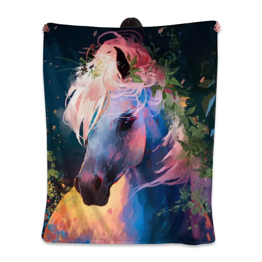 Horses Blankets Coral Fleece Plush Summer Nature Wild Animals Portable Lightweight Throw Blankets for Home Car Bedspreads