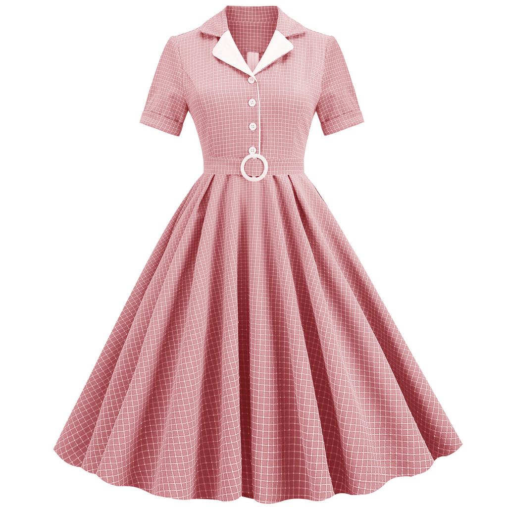 Vintage Plaid Dress With Suit Collar And Belt For Retro Style Women