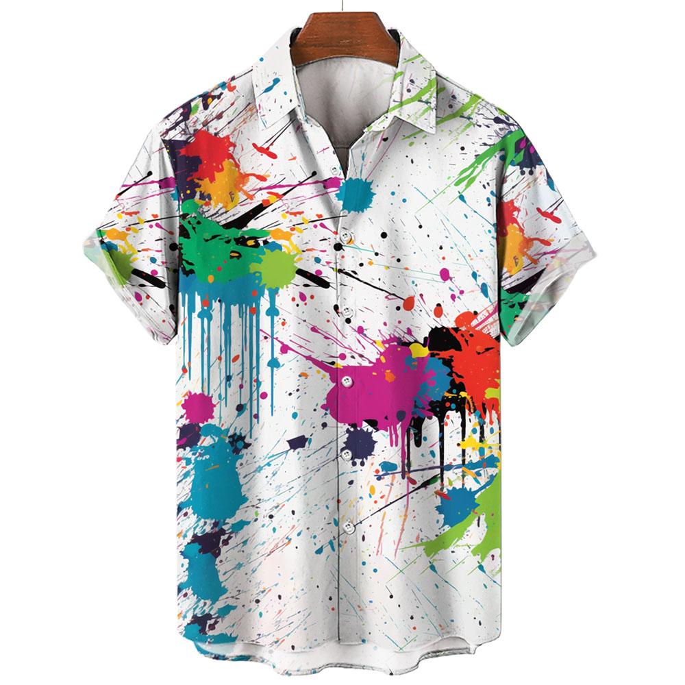 Summer unisex digital printing mixed color oversized shirt for men's fashion splash artist short sleeved lapel men's shirt
