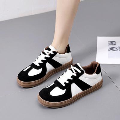 Round Toe Women's Shoes  Spring New Soft Back Thick Back Color Matching German Training Shoes Women's Sports Casual Versatile White Shoes