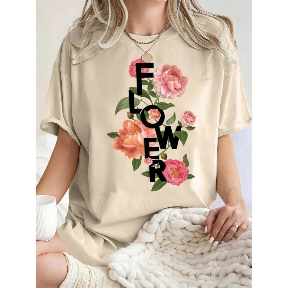 Schöne Rosenblumen Aufdruck Damen T-Shirt Lässig Oversized T-Shirt Y2K Baumwolle Atmungsaktive Oberteile Sommer Rundhals