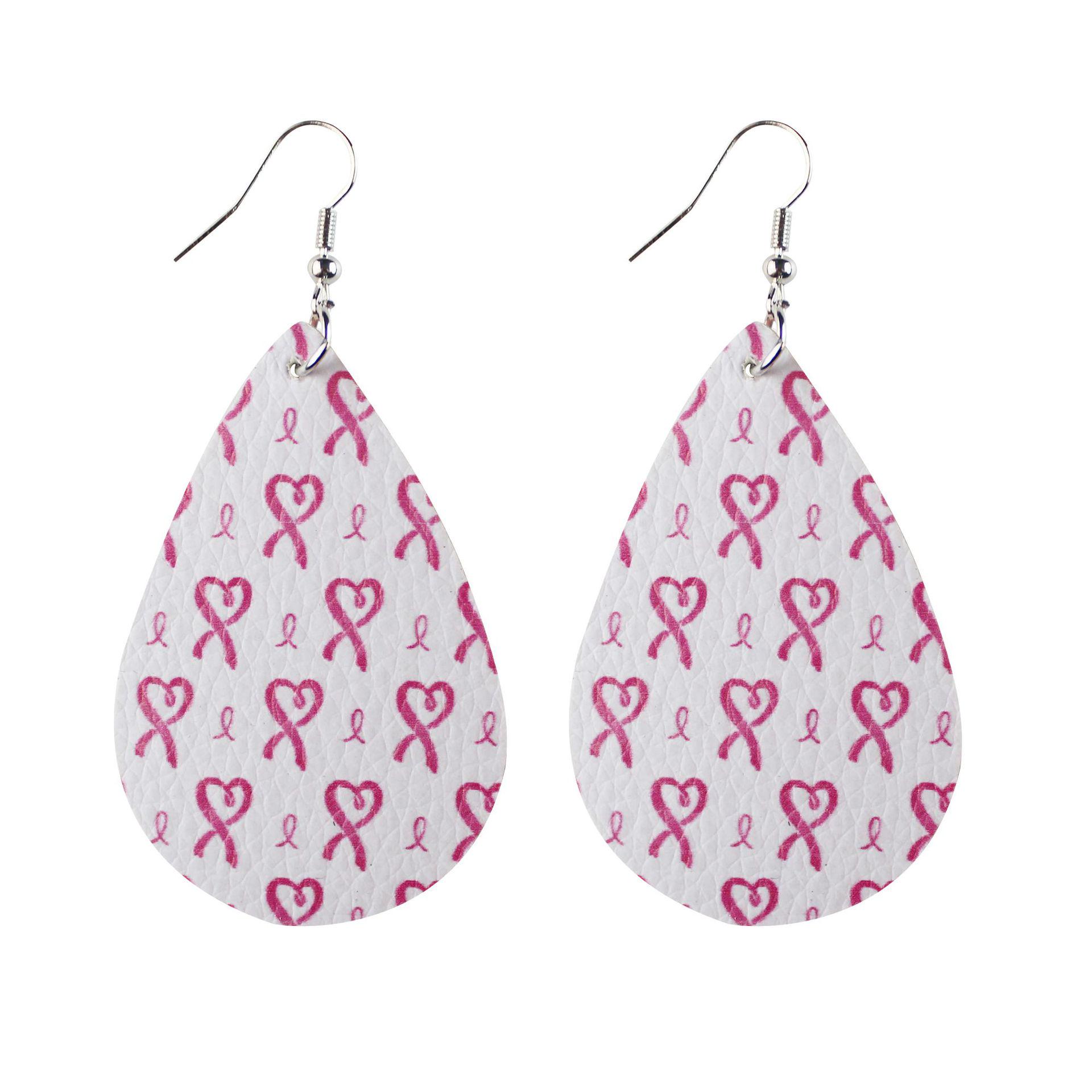 Pink Ribbon Faux Leather Water Drop Breast Cancer Awareness Earrings
