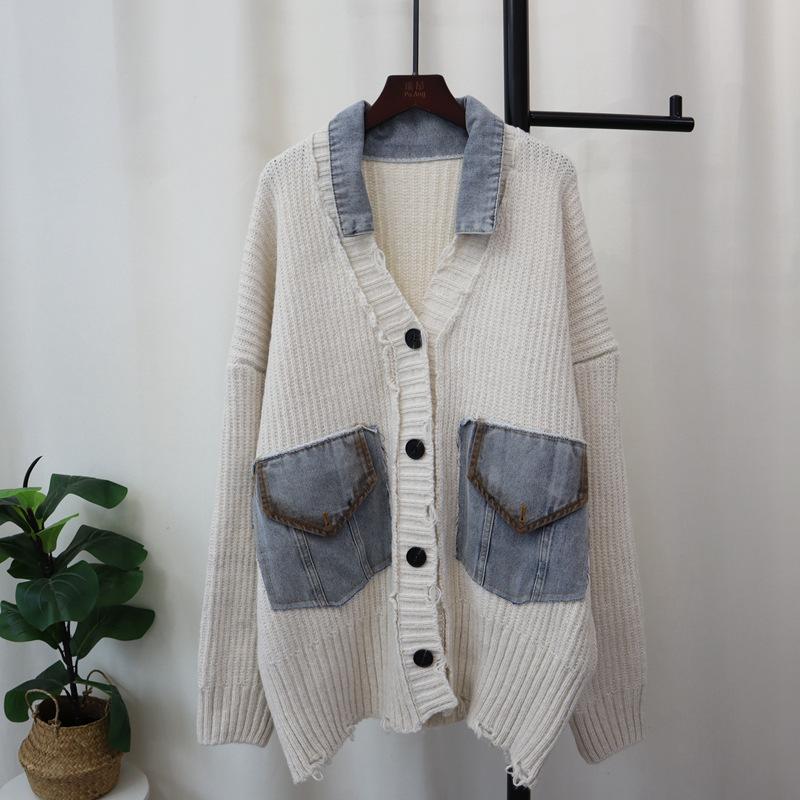 Autumn and Winter New Splicing Denim Knitted Cardigan Design Sense Loose Casual Sweater Jacket Women
