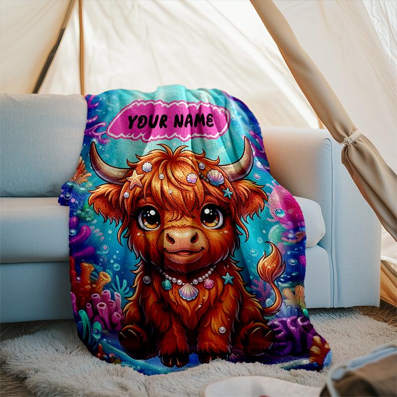 1PC Custom Name Fantasy Cow Coral World Flannel Blanket Versatile,all-season Throw Suitable for the Living Room,bedroom,camping,travel,and Gift