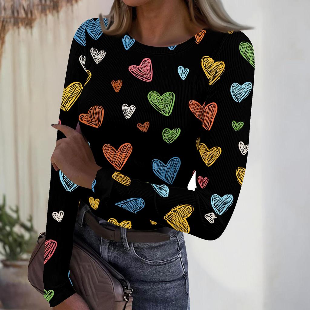 Women's Casual And Fashionable Round-neck Long-sleeved Ribbed Top With Valentine's Day Print.