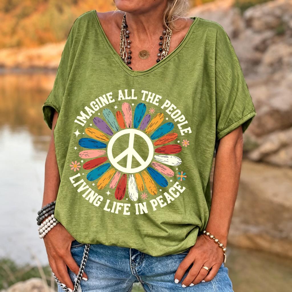 Ilstile Women's Imagine All The People Peace Sign T-Shirt Retro Hippie Flower Print V-Neck Loose Fit Casual Summer Top