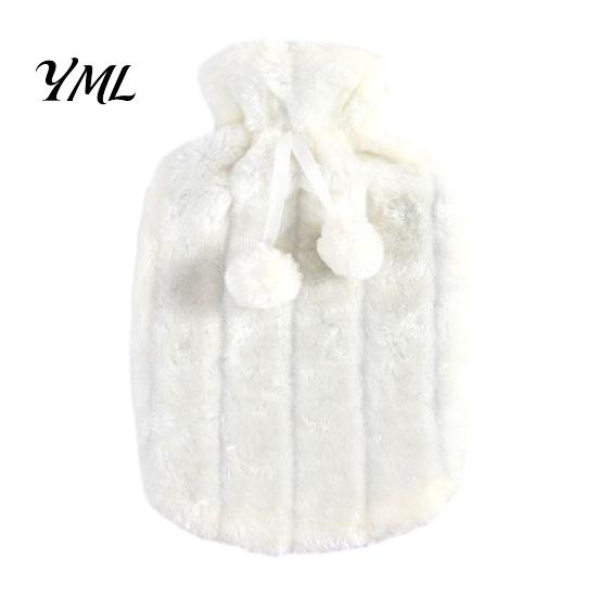 Explosion Proof Hot Water Bag 2L Bottle with Plush Cover, Pompom Drawstring Portable Bag, Winter Warm for Hands, Feet, Stomach
