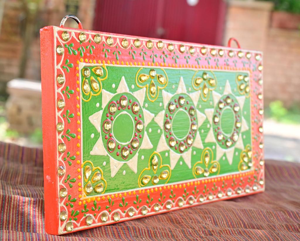 Indian Folk Art Mirror Work Wood Wall Panel: Hand-Painted Ethnic Decor