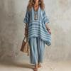 Women Striped Print V Neck Kaftan Dress Loose Fit Matching Pants Two Piece Set Casual Vacation Outfit