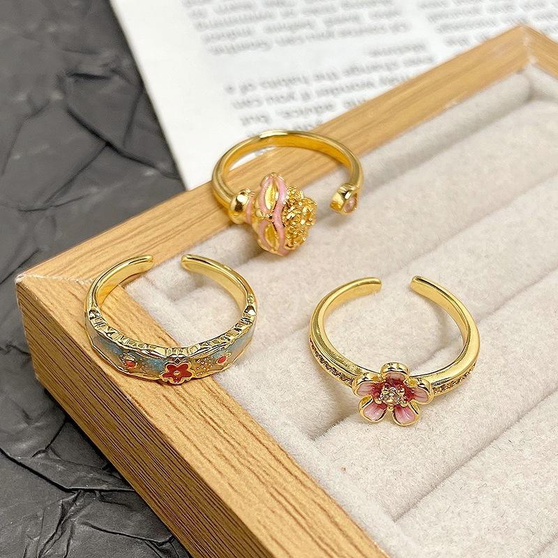 [Goldpuder Blumensprache] Mittelalterlich Vintage Nationaler Trend Emaille Tropföl Blume Öffnungsring Personalisierter Retro Finger