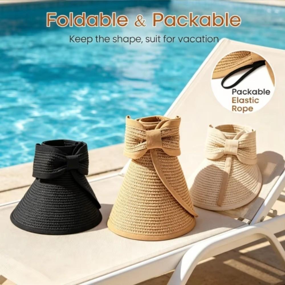 Wide Brim Women's Sun Hat Open Top Straw Hat New Ponytail Hats  for Summer