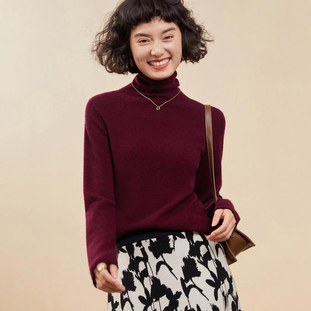 Women's Solid Color Cashmere High Neck Sweater - Loose Knit, Seamless Wool Base Layer