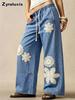 Casual Boheemse Wijde Pijpen Jeans Dames Herfst Resort Bloemen Losse Pasvorm Lange Broek