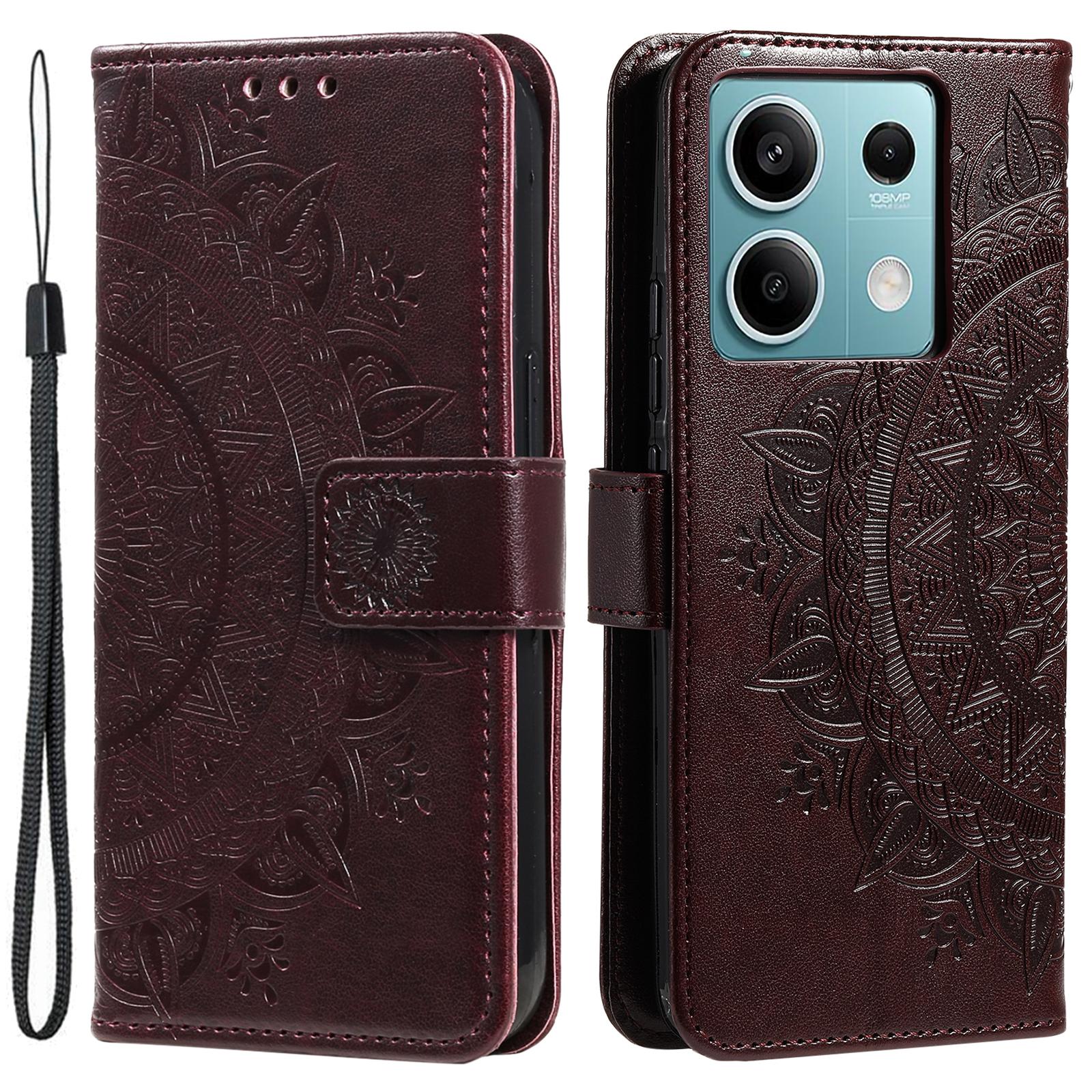 

For Xiaomi Redmi Note 13 5G Leather Case Mandala Flower Cover Magnetic Clasp Brown