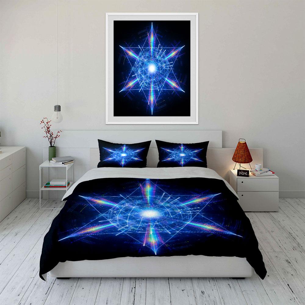 3Pcs Neon Geometric Bedding Set, Rainbow Light Star Pattern Print Duvet Cover + 2 Pillowcases, Techno Vibe Home Decor