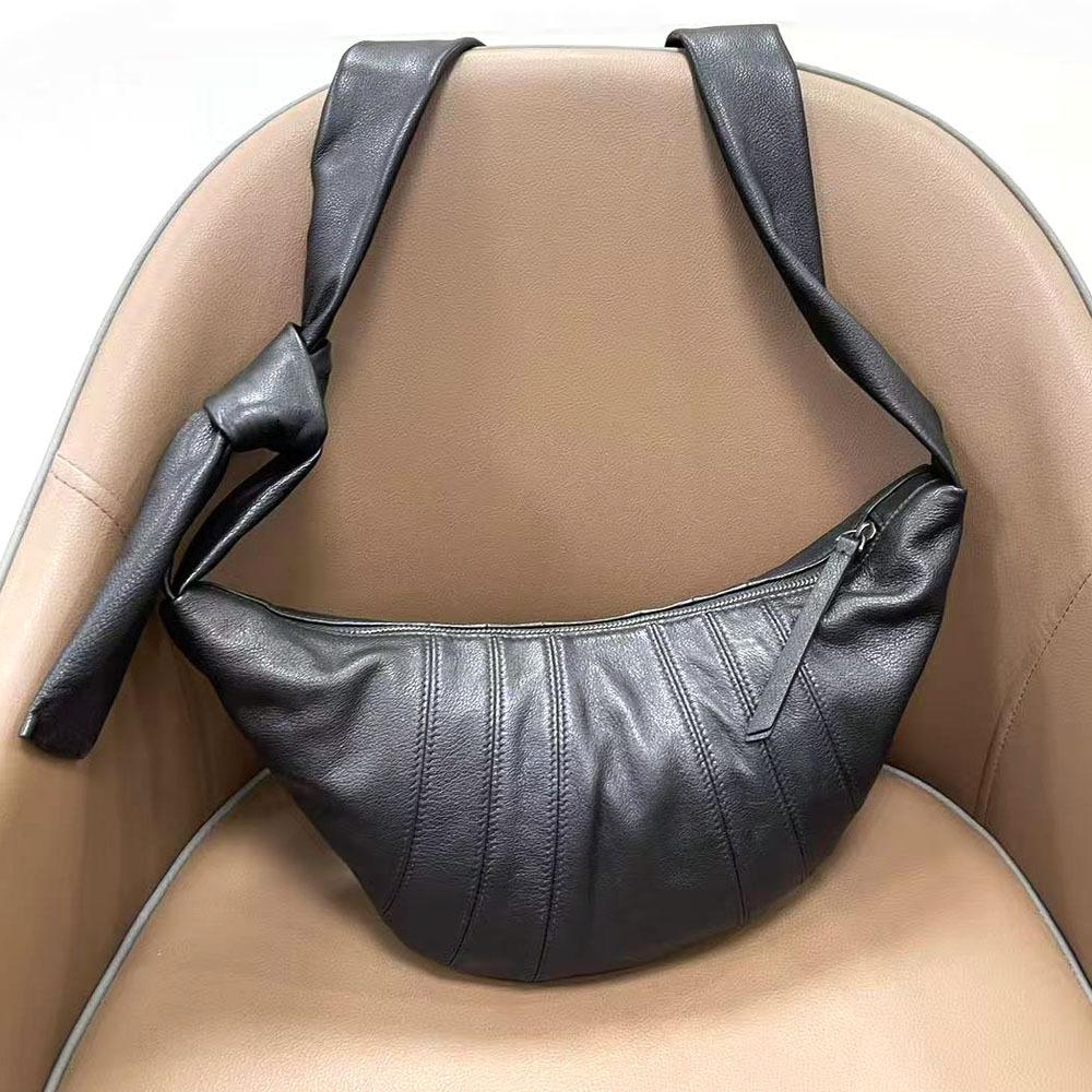 Wind Lady Shoulder Messenger Bag Leather Croissant Bag Black Leather Dumpling Bag Crescent Casual Women'S Bag