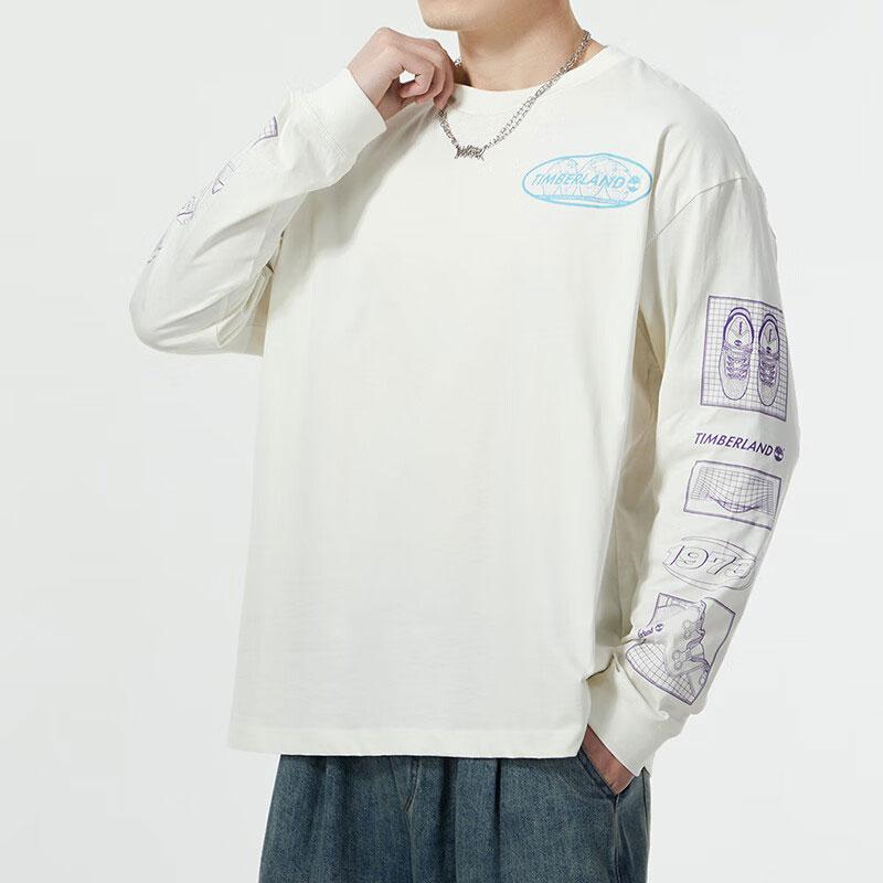 Timberland Letter Print Outdoor Travel Casual Comfortable Crew Neck Pullover Long Sleeve T-Shirt Men Tops White A41A5-CM9