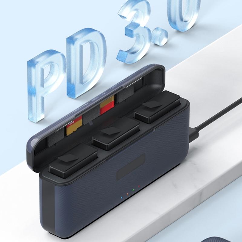 3 Channel Battery Charging Station for 13 Black Camera Power Management Quick Charge Storage Box with Card Slot