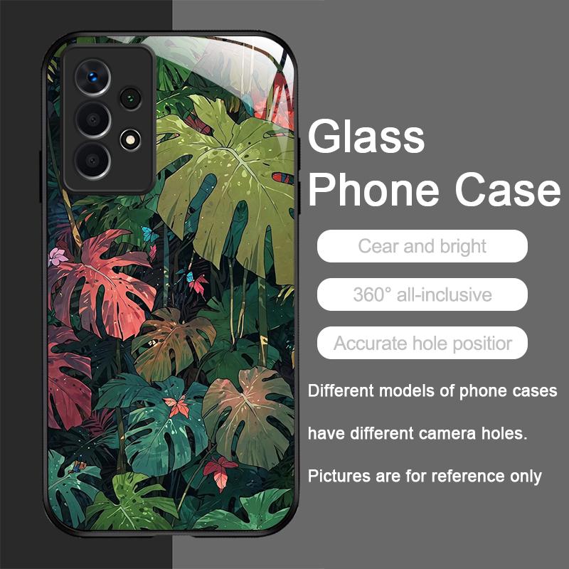 Fashion Palm Leaf Floral Pattern Tempered Glass Phone Case for Samsung Galaxy A56 A55 A54 A53 A52 A36 A14 A15 5G Anti-drop Cover