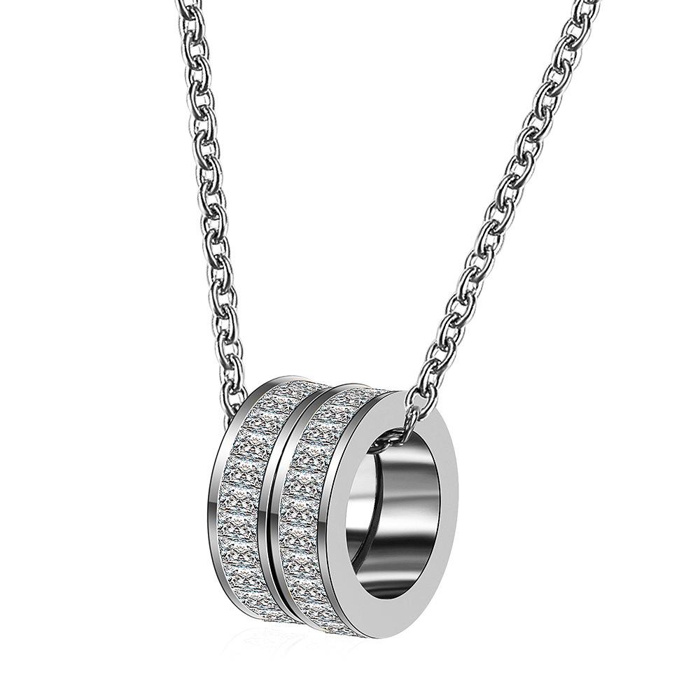 European & American Stainless Steel 7MM Rhinestone Double Ring Necklace