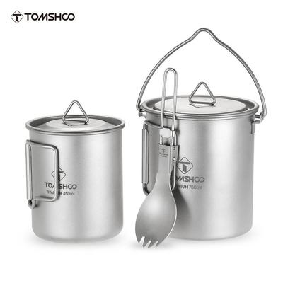 TOMSHOO Lightweight Titanium 3 Pieces Set Titanium 750ml Pot 450ml Water Cup Mug with Lid Collapsible