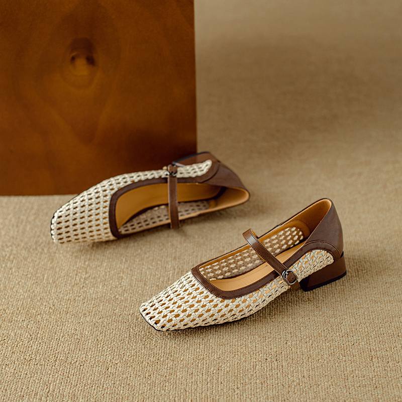 Krazing Pot Cow Skin Weaving Summer Size 41 Low Heels Party Shoes Women Square Toe Gladiator Hollow Out Pumps