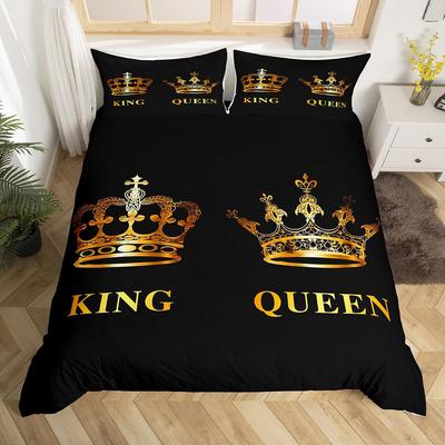 Gold Crown Duvet Cover for Lover Couple King Queen Bedding Set Mr Mrs Comforter Cover Anniversary Quilt Cover with 2 Pillowcases