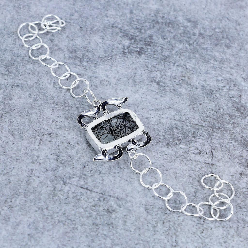 Black Rutile Gemstone Handmade 925 Sterling Silver Bracelet 7-8" M-2716