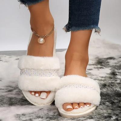 Nouvelles Pantoufles Chaudes en Fourrure pour Femmes Talons Plats Chaussures pour Femmes Femme Solide Bling Perle Pantoufles Fourrées Féminines Grande Taille