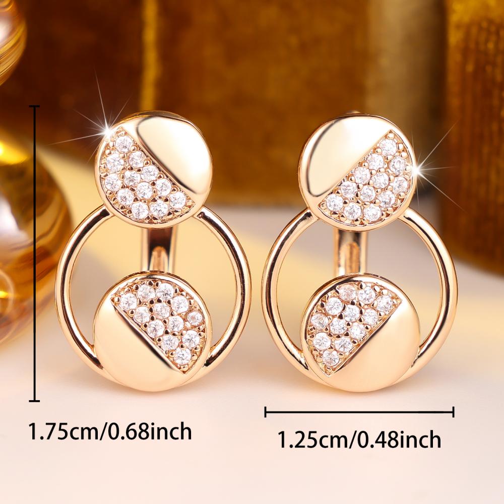 Fashion Gold Color Geometric Double Circle Half Paved Zircon Stud Earrings for Women Daily Office Simple Jewelry