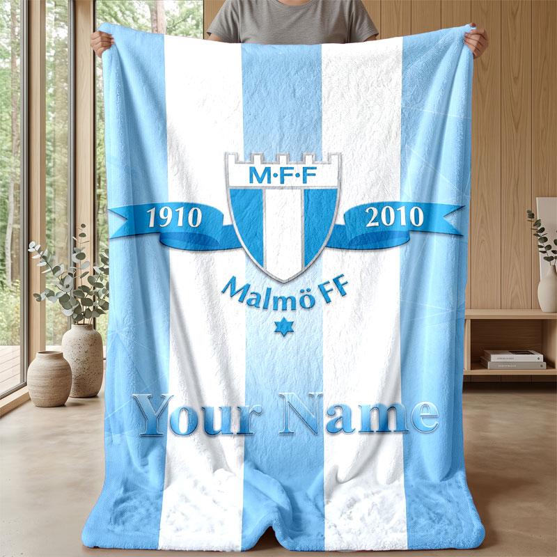 Malmö FF Testo Nome Personalizzato Coperta in Flanella Logo Calcio Coperta Plaid in Pile Personalizzata Regalo Speciale per Divano Camera da Letto Casa