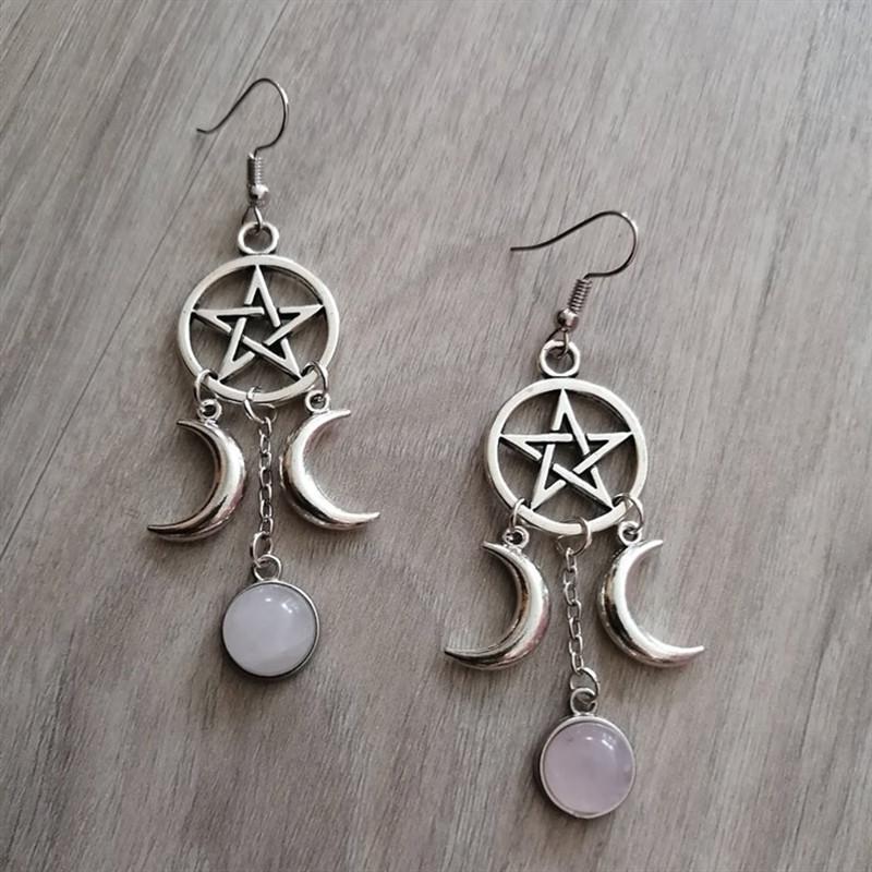 New Five Pointed Star Triple Moon Purple Stone Earrings Gothic Witch Pagan Star and Moon Earrings for Women Magic Mystery Amethyst Earrings